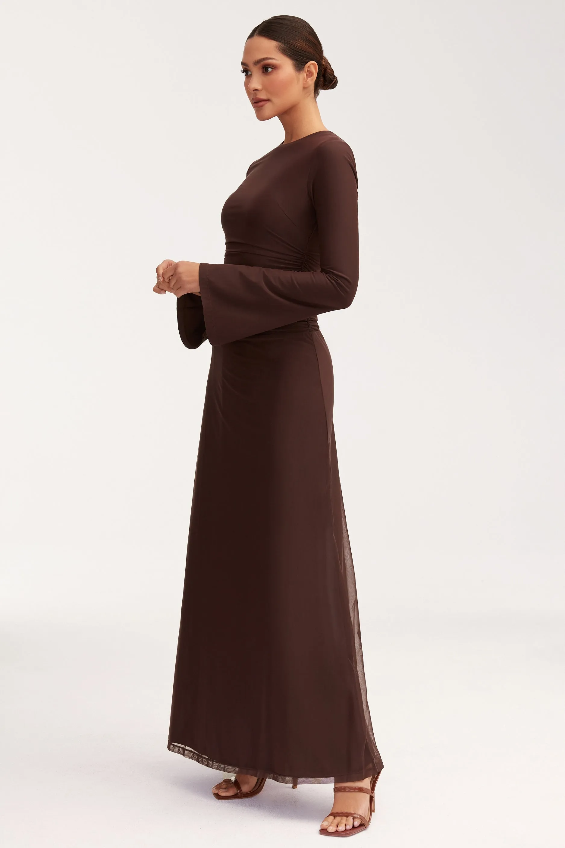 Adelina Rouched Mesh Maxi Dress - Chocolate Plum