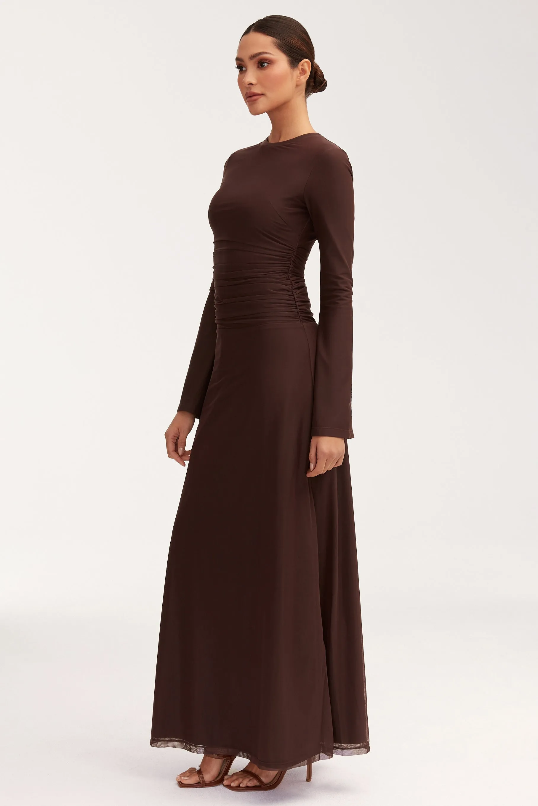 Adelina Rouched Mesh Maxi Dress - Chocolate Plum