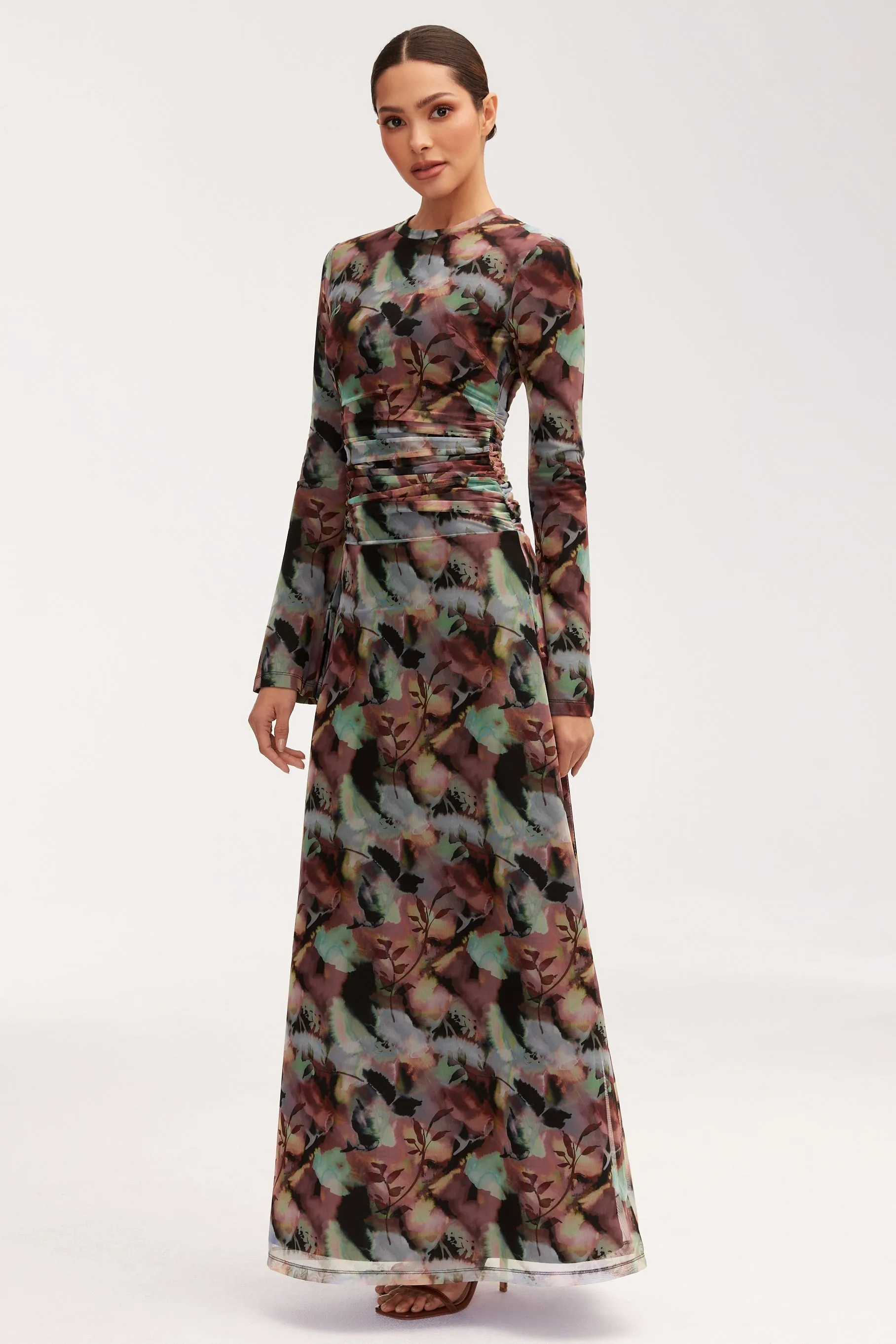 Adelina Rouched Mesh Maxi Dress - Floral Tie Dye