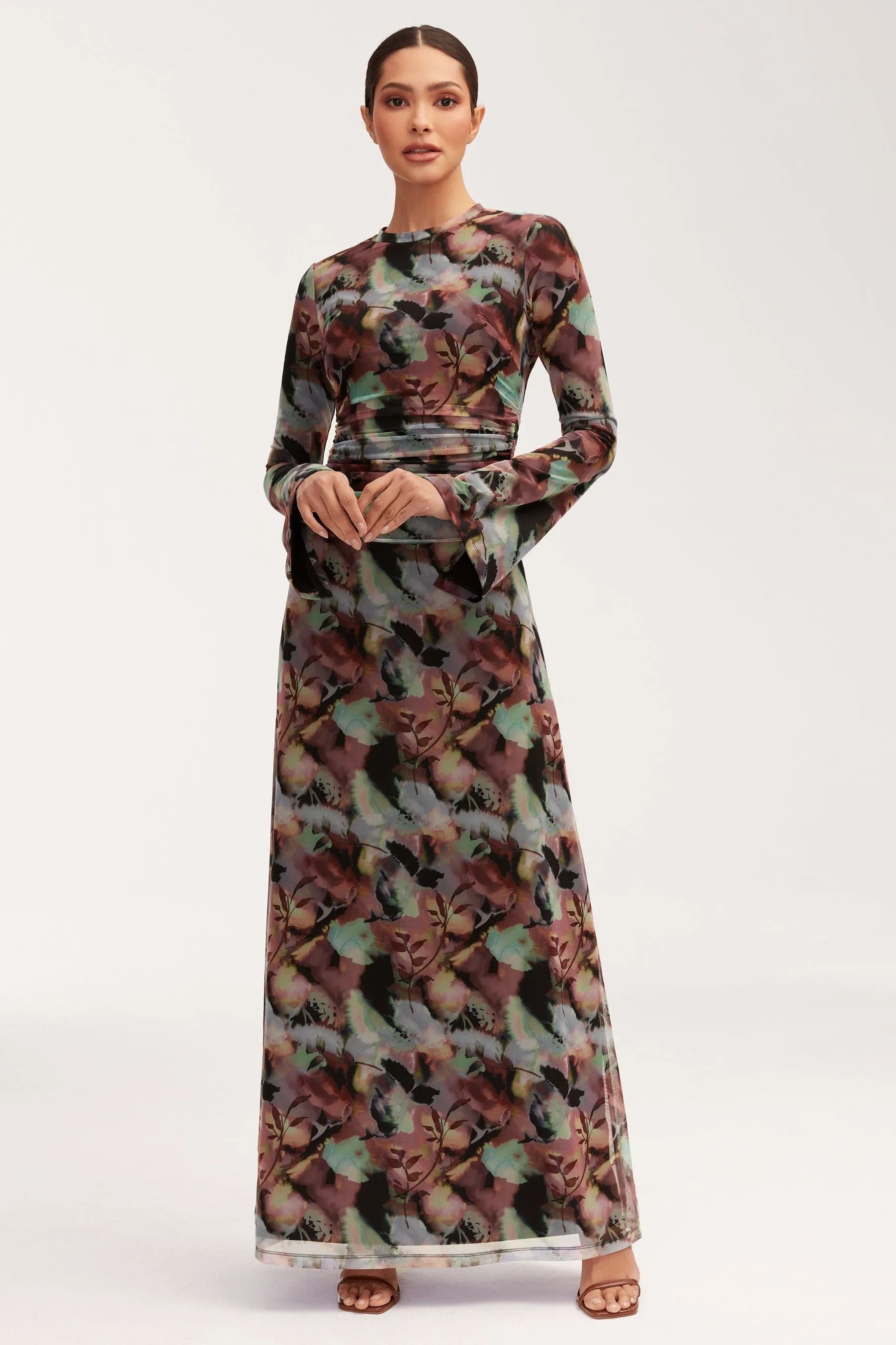 Adelina Rouched Mesh Maxi Dress - Floral Tie Dye