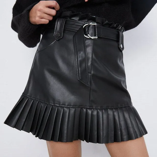 ASHORESHOP Black PU Skirts Women Fashion Faux Leather Skirts