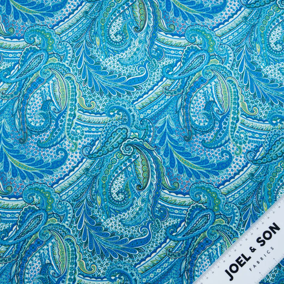 Blue & Green Paisley Printed Double Silk Satin