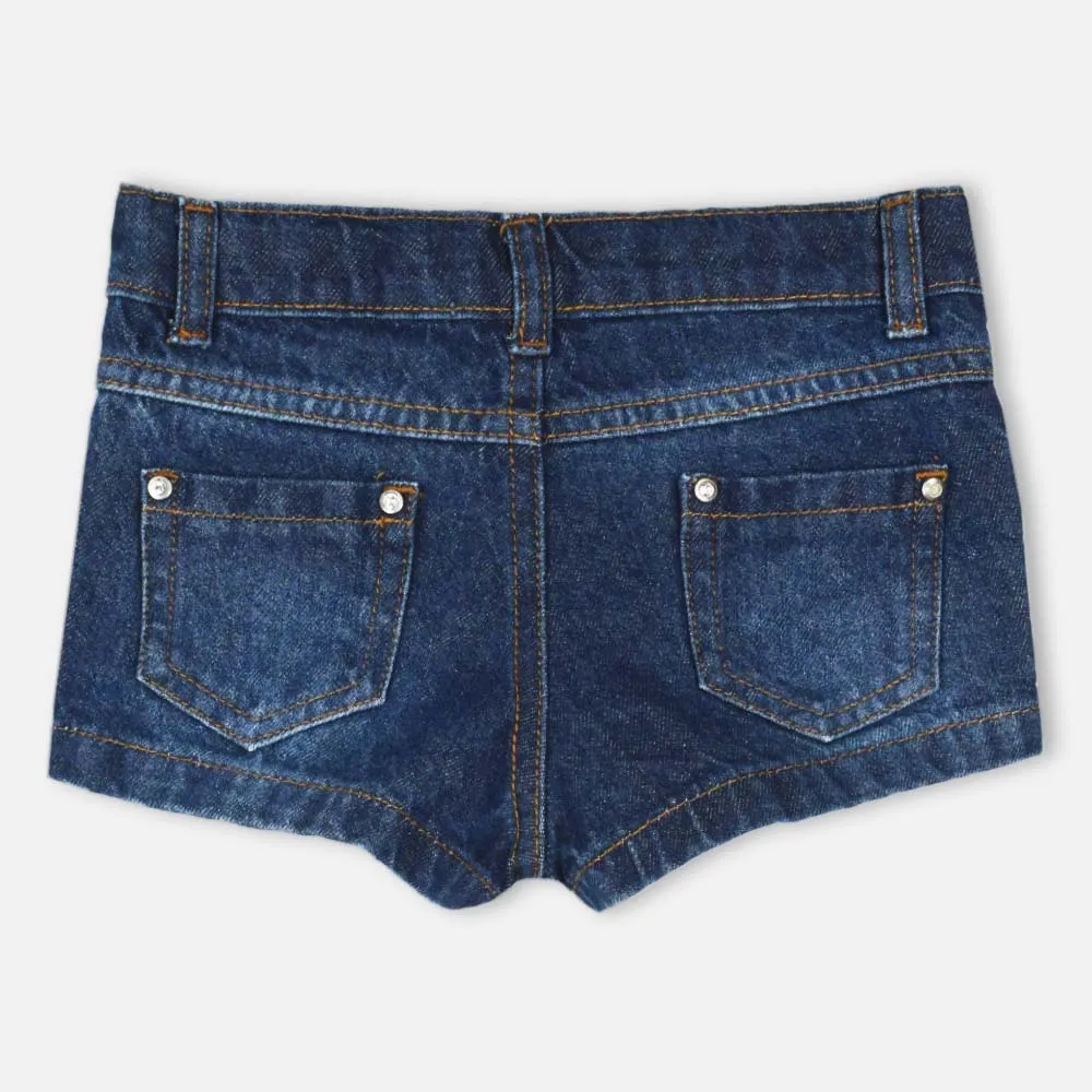 Blue Front Embellished Denim Shorts