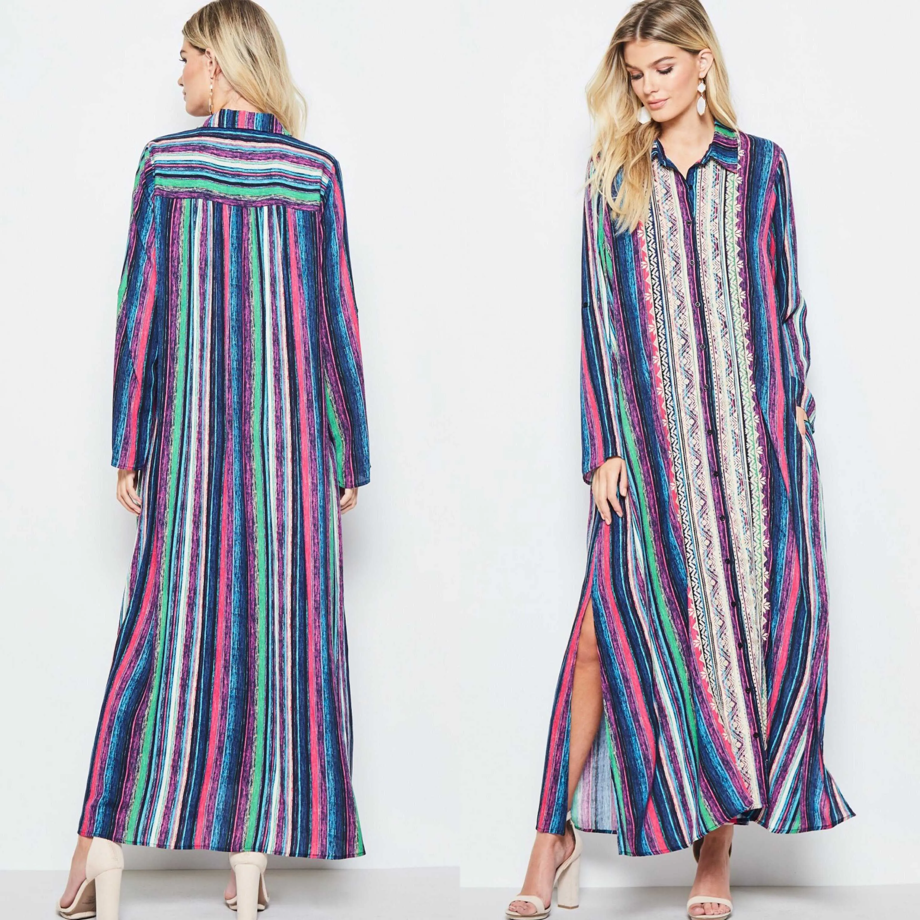 Boho Embroidered Candy Stripe Maxi Duster