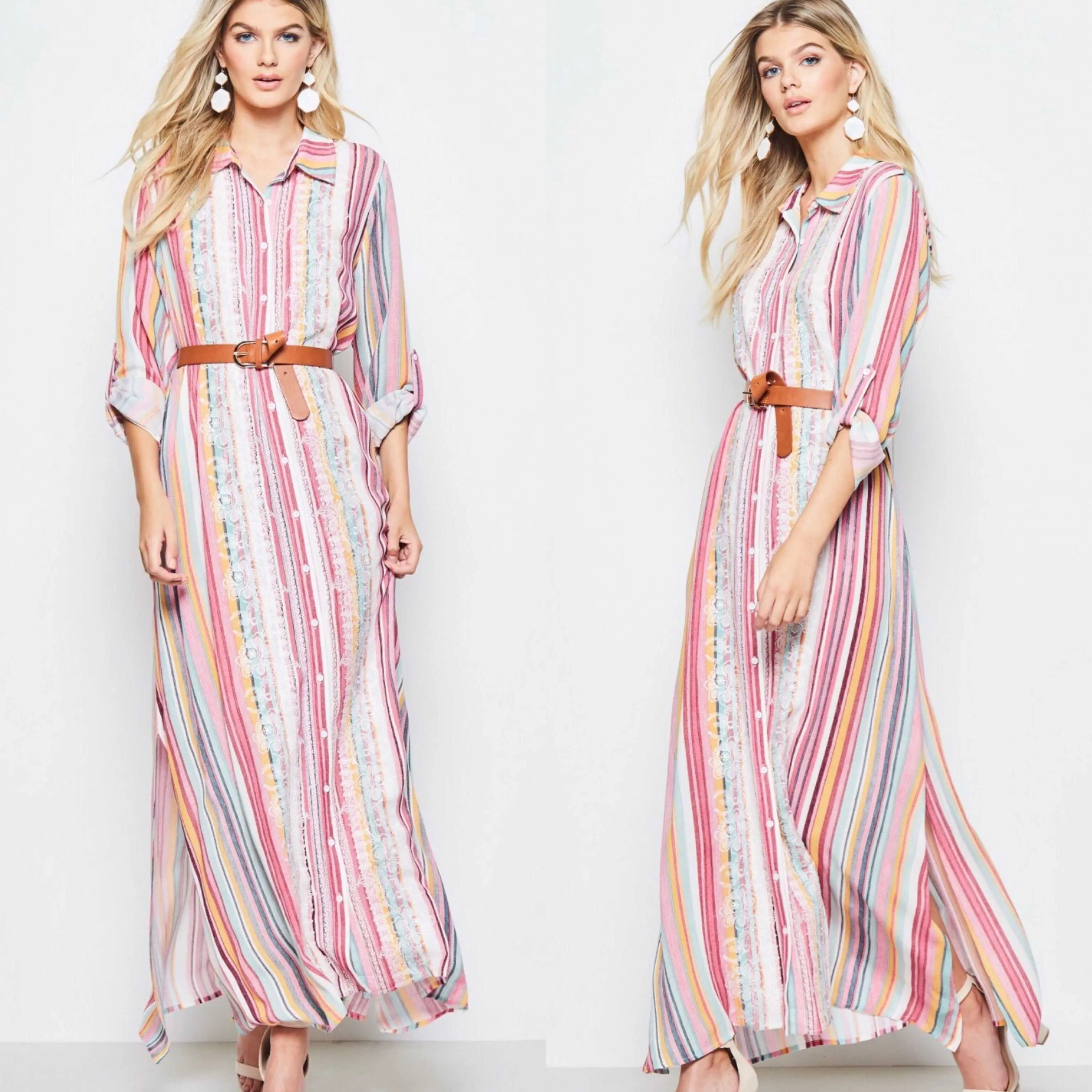 Boho Embroidered Candy Stripe Maxi Duster