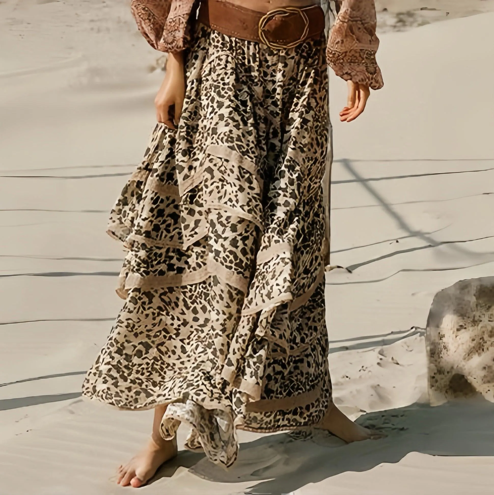 Boho Ruffled Leopard Print Maxi Skirt