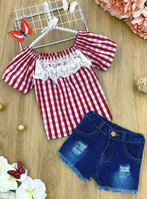 Campy Crochet Bib Top And Distressed Denim Short Set