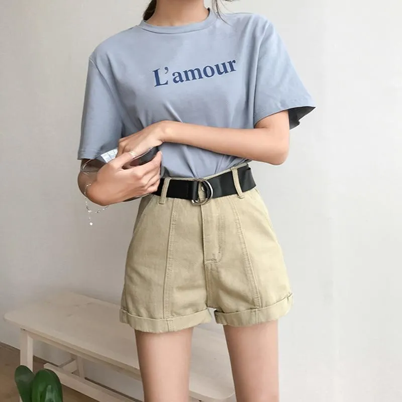 Casual Sashes High Waist Loose Denim Short