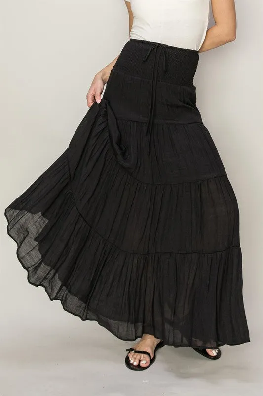 D-Drawstring Waist Tiered Maxi Skirt *Online Only*