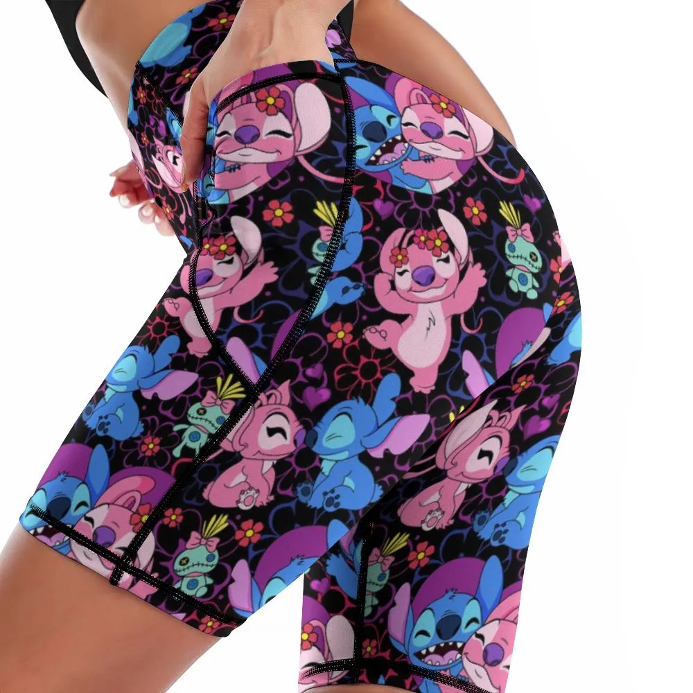 Disney Lilo And Stitch Angel Besties Women's Knee Length Athletic Yoga Shorts With Pockets