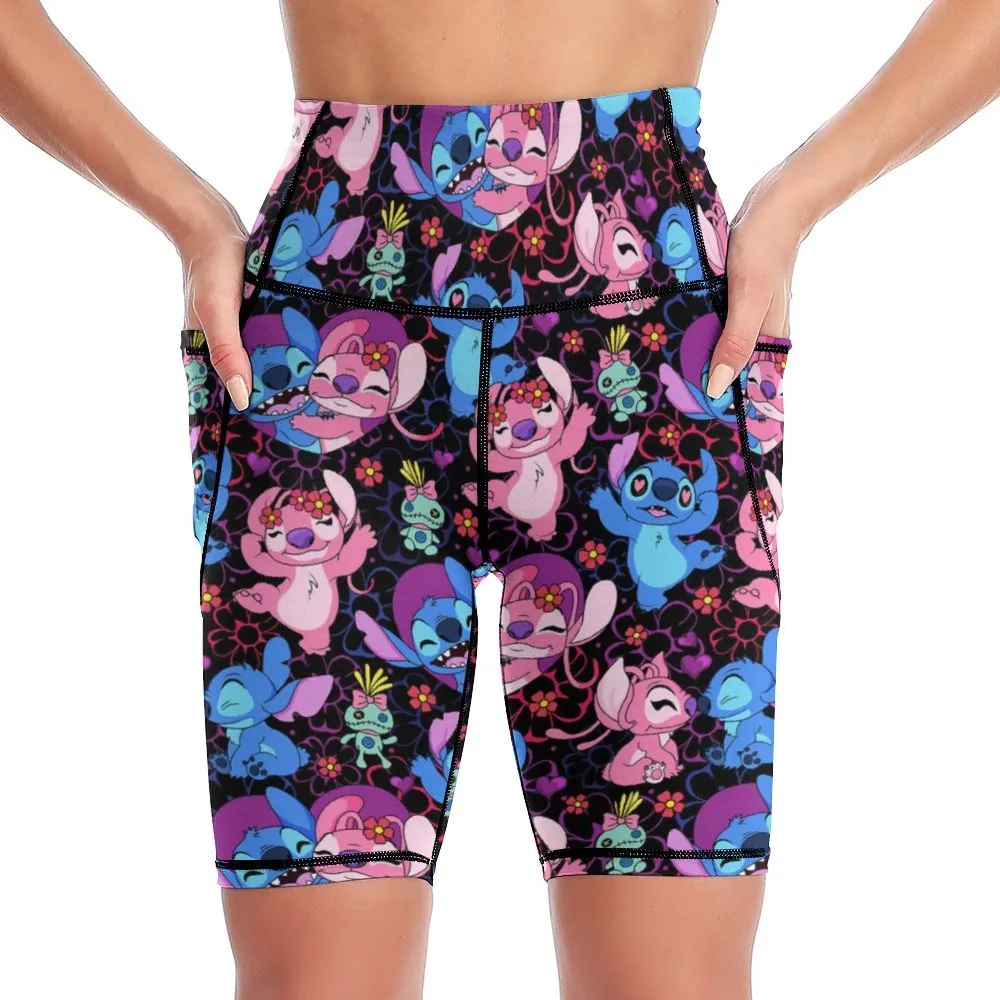 Disney Lilo And Stitch Angel Besties Women's Knee Length Athletic Yoga Shorts With Pockets