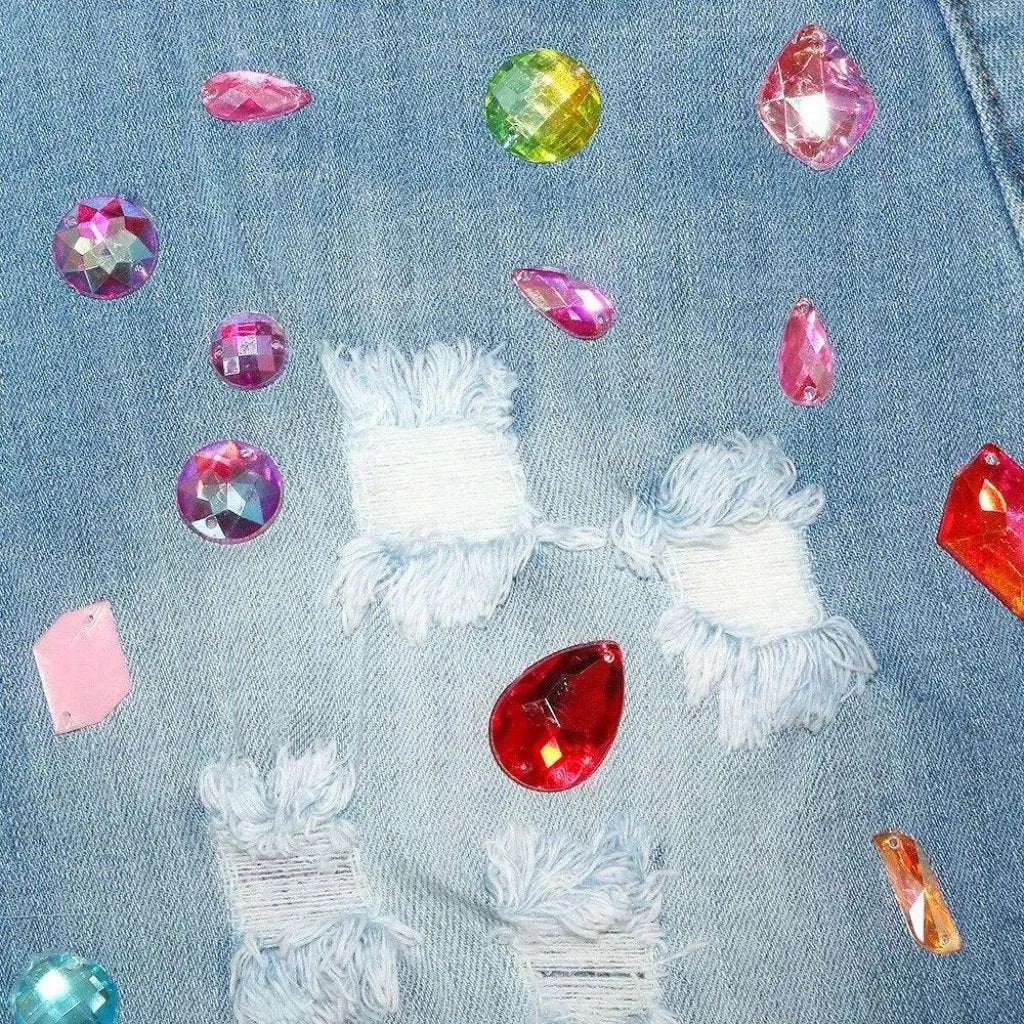 Distressed color rhinestone denim shorts