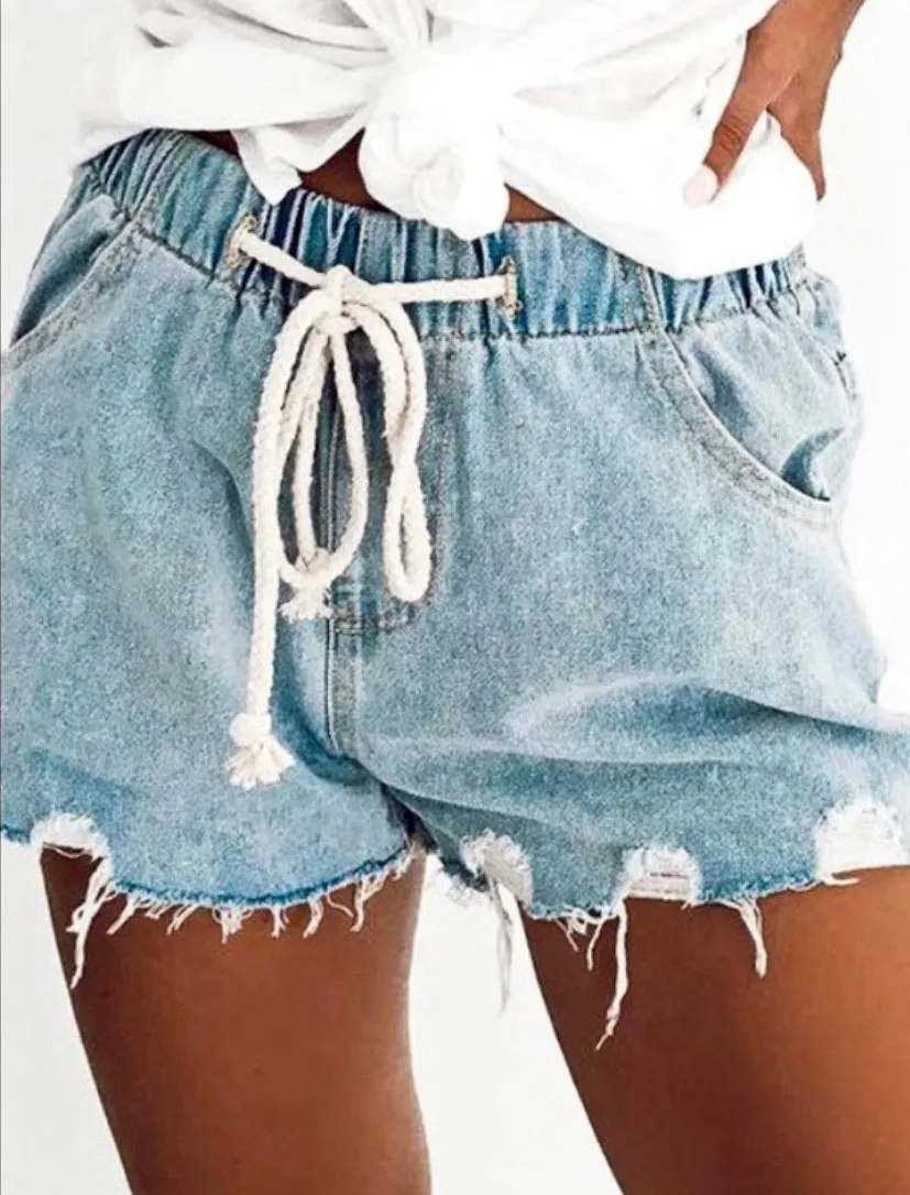 Distressed Elastic Denim Shorts