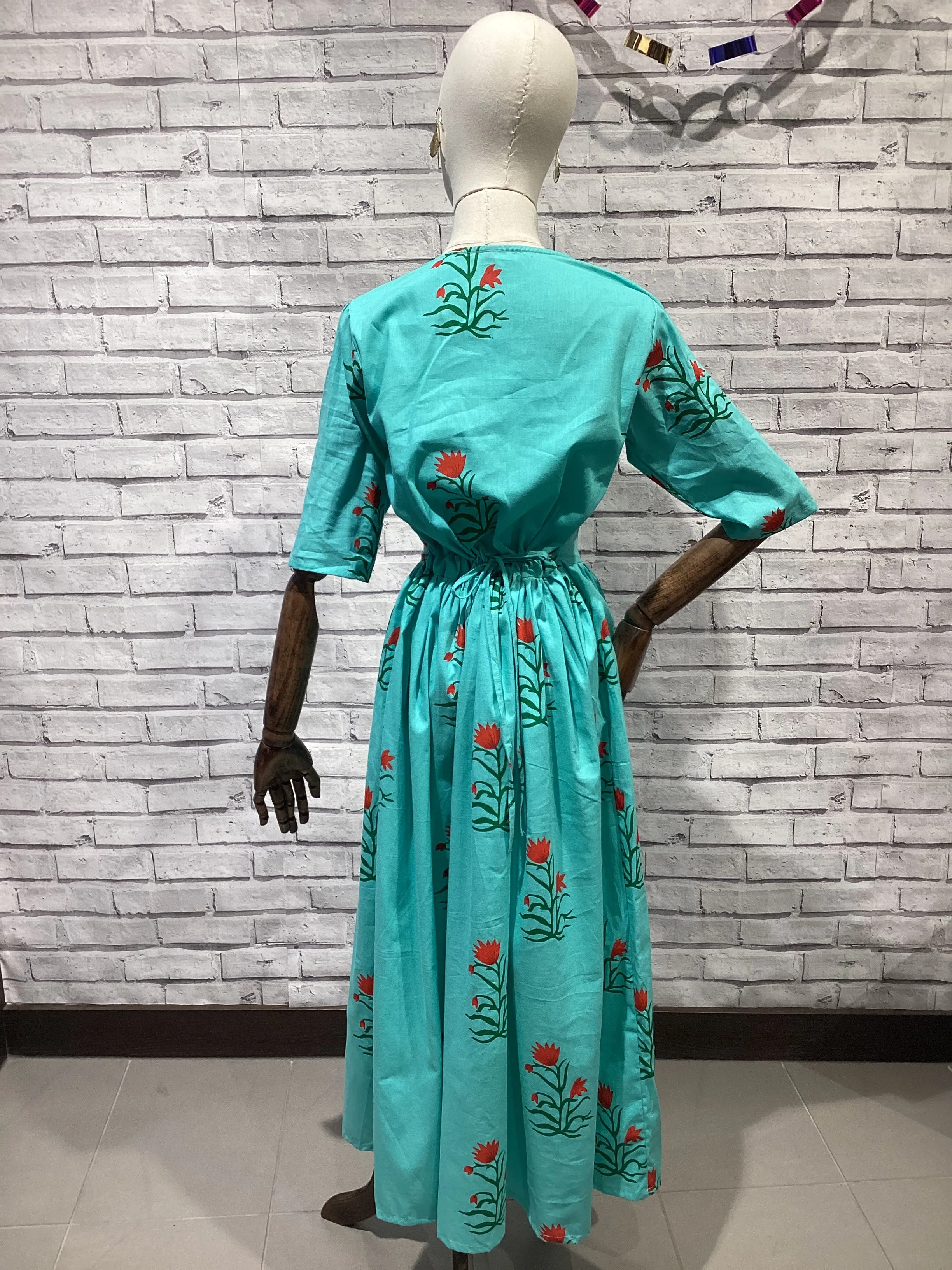 Drawstring Dress in Turquoise Floral Pattern