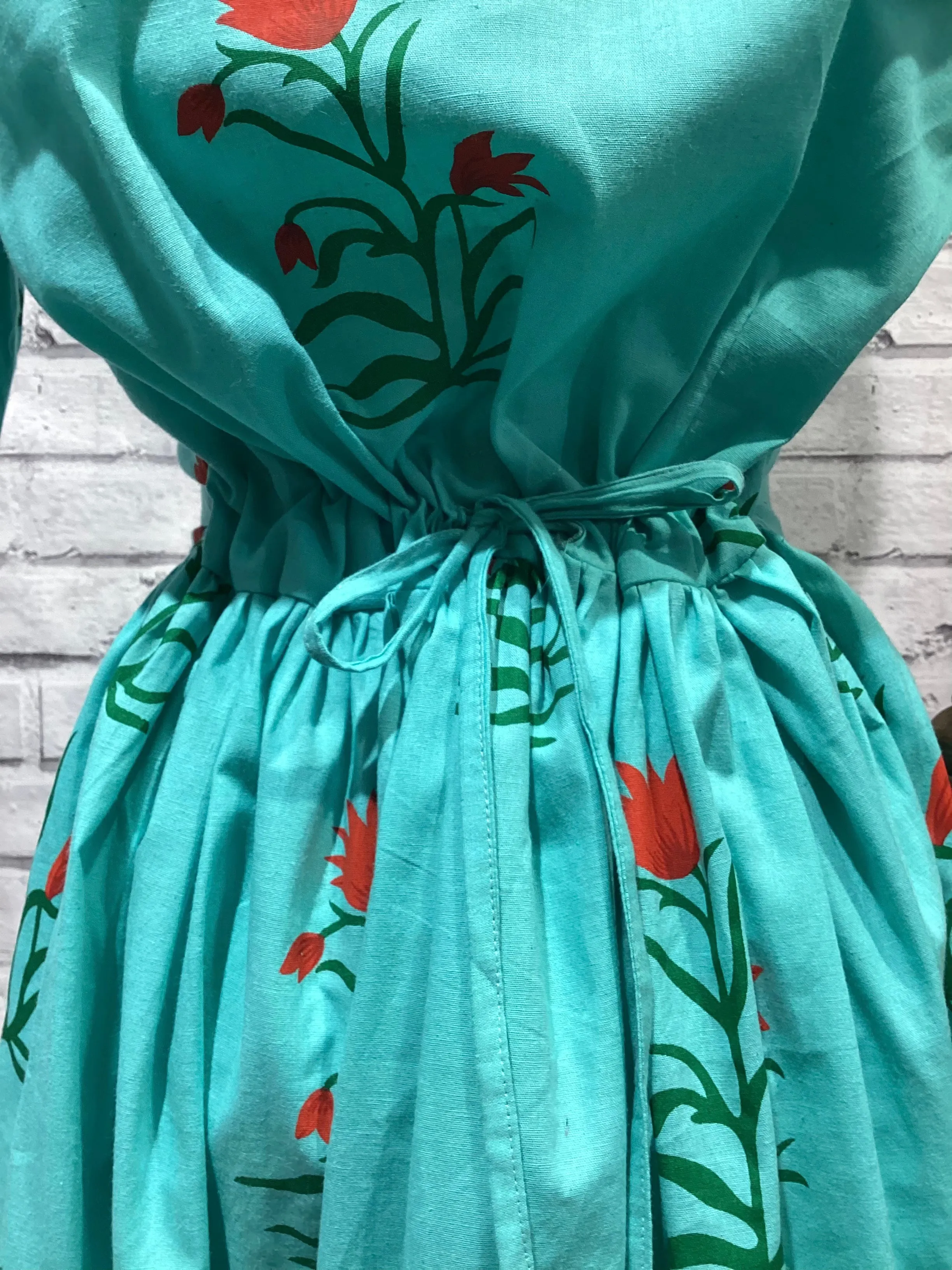 Drawstring Dress in Turquoise Floral Pattern