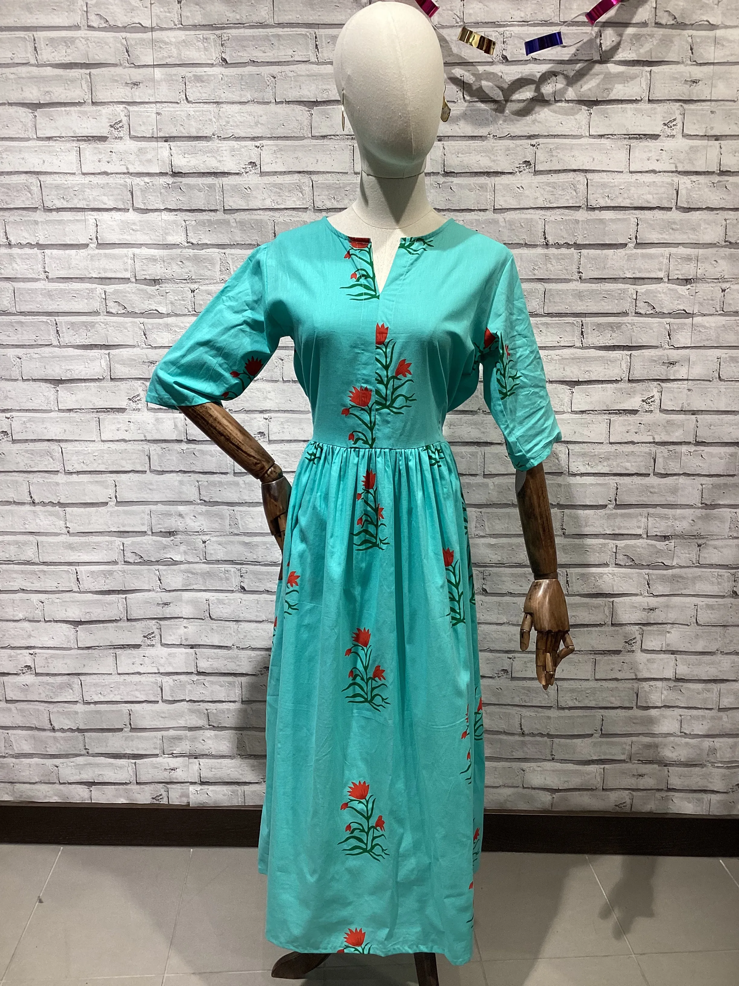 Drawstring Dress in Turquoise Floral Pattern