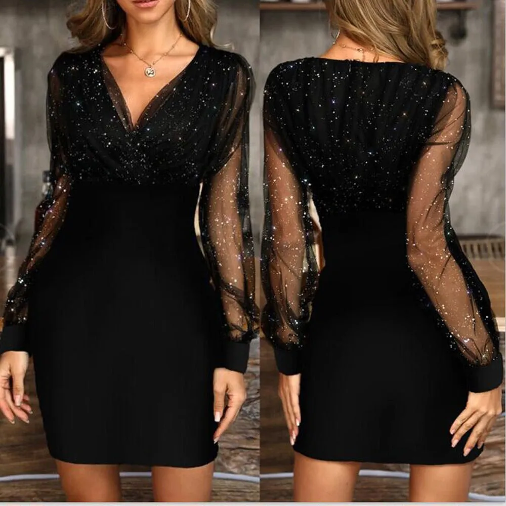 Elegant Ladies Mesh Sequin Glitter Dress