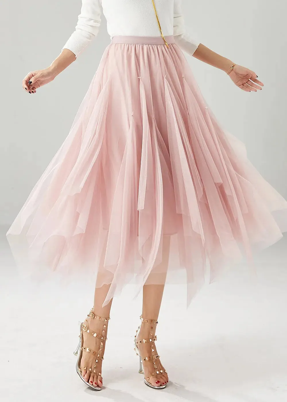 Elegant Pink Elastic Waist Exra Large Hem Tulle Skirts Fall ML0463