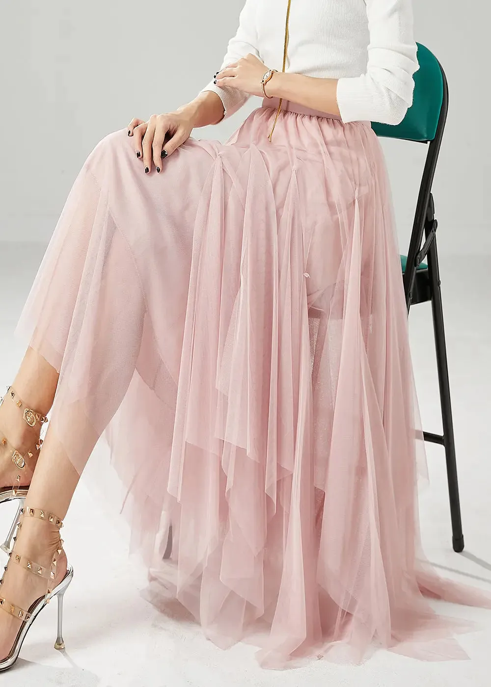 Elegant Pink Elastic Waist Exra Large Hem Tulle Skirts Fall ML0463