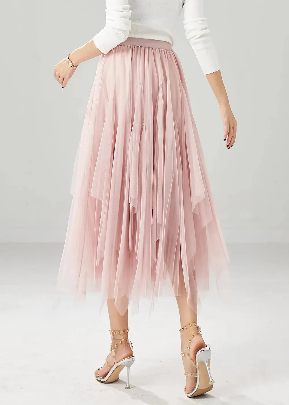 Elegant Pink Elastic Waist Exra Large Hem Tulle Skirts Fall ML0463