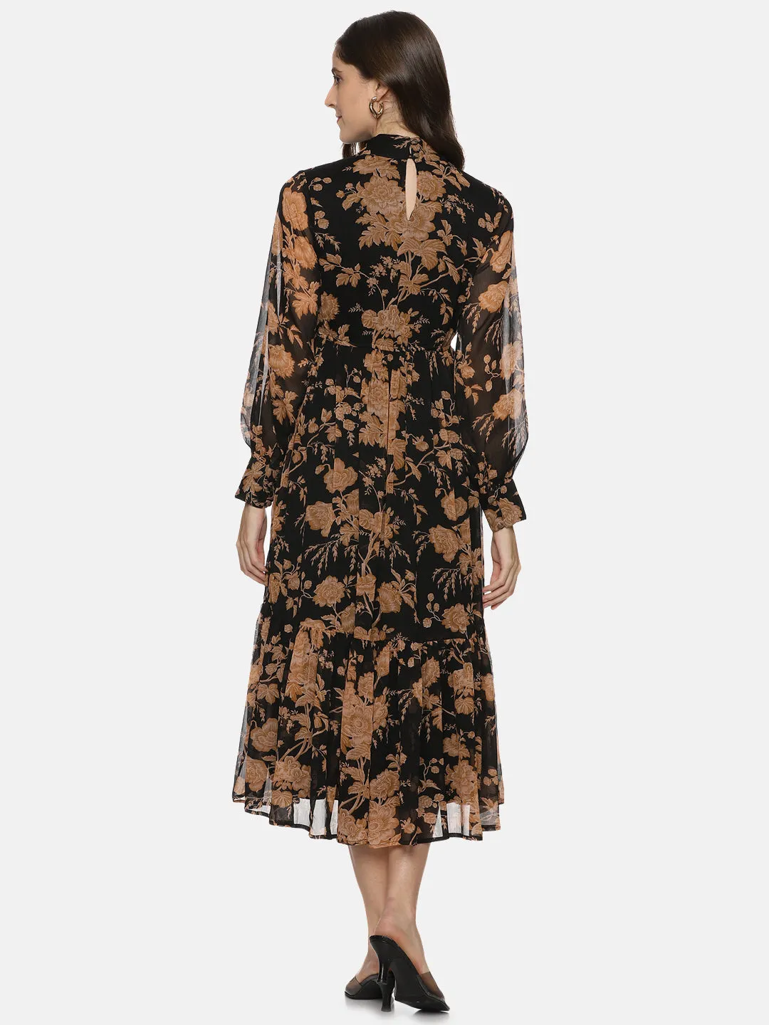 Floral Black Front Tie Knot Midaxi Dress