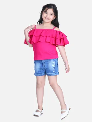 Girl's  Pink Pink Cold Shoulder Top With Denim Shorts - StyleStone Kid