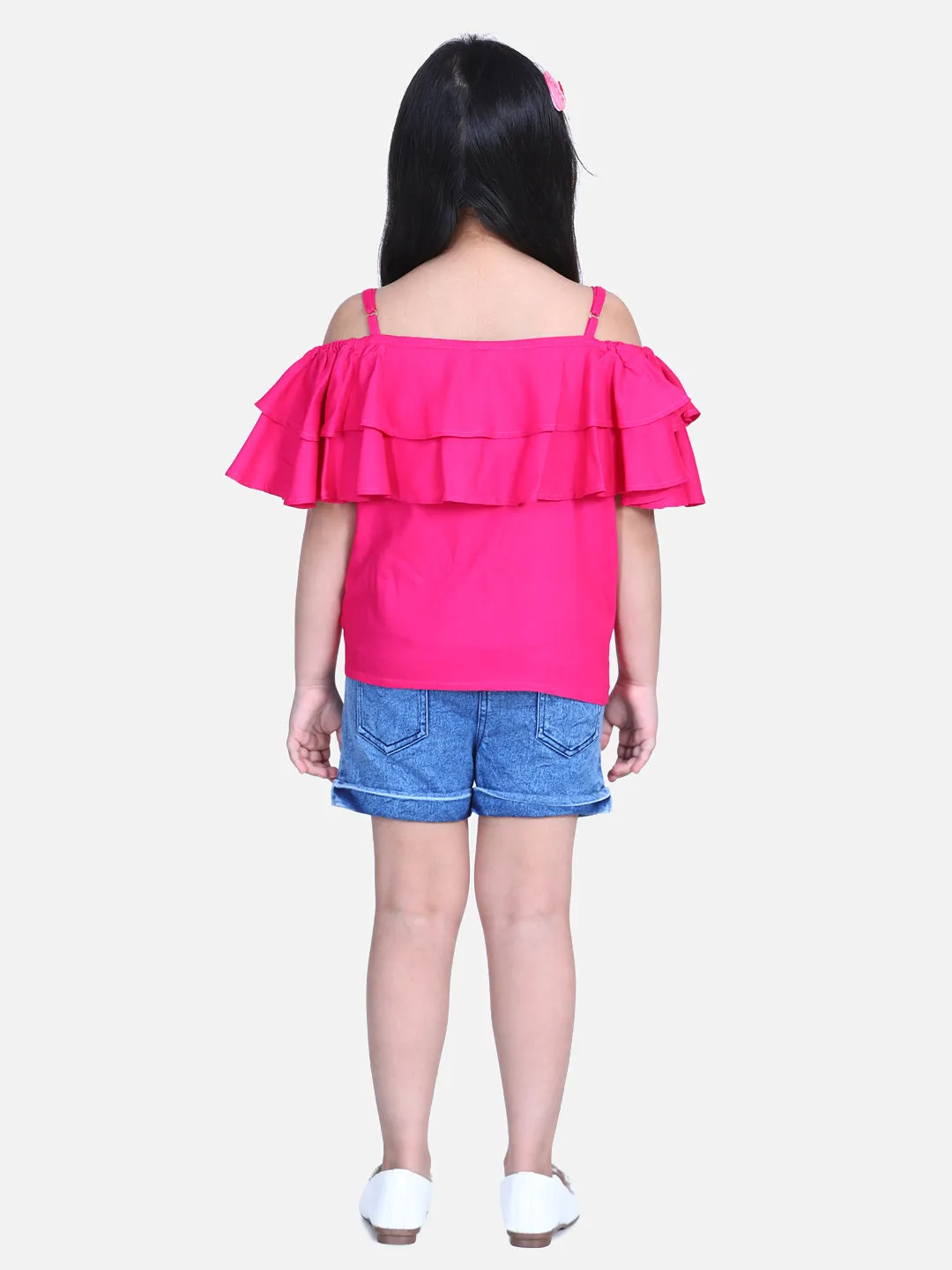 Girl's  Pink Pink Cold Shoulder Top With Denim Shorts - StyleStone Kid