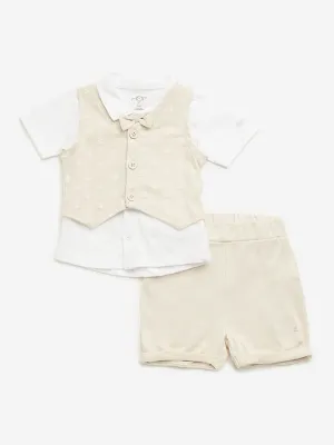 HOP Baby Beige Shirt, Shorts, Waistcoat & Bow Set