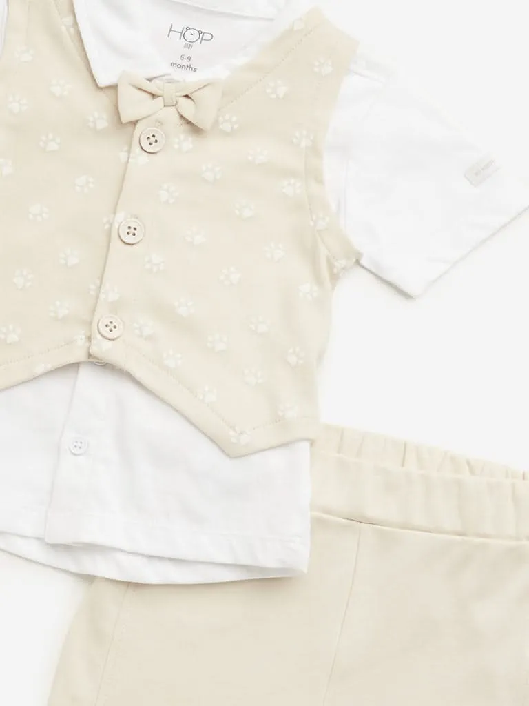 HOP Baby Beige Shirt, Shorts, Waistcoat & Bow Set