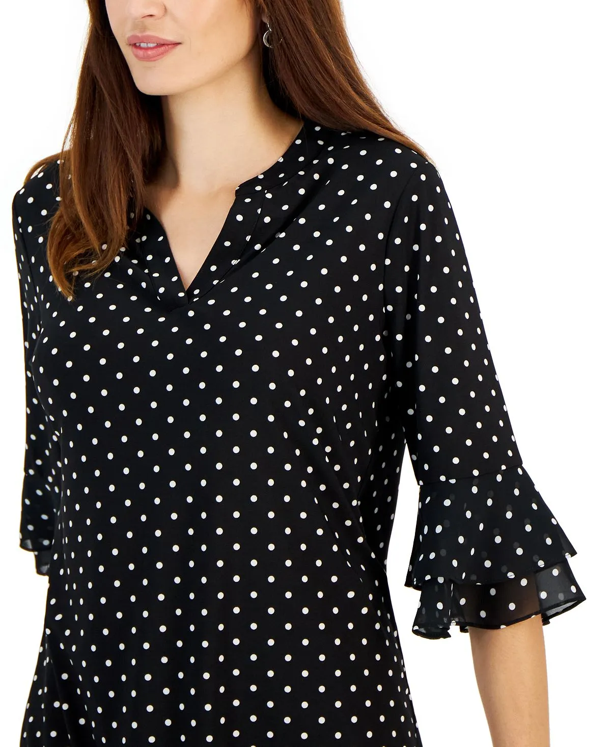 Kasper Women's Split Neck Top with Cap Sleeves Polka Dots, Multi