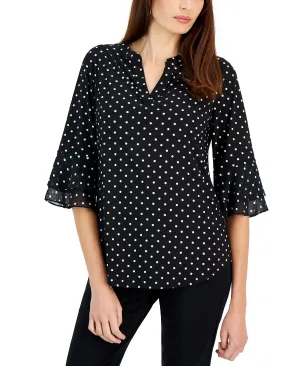 Kasper Women's Split Neck Top with Cap Sleeves Polka Dots, Multi