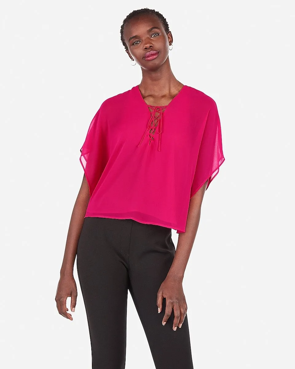 Lace-Up Chiffon Kimono Top in Neon Berry