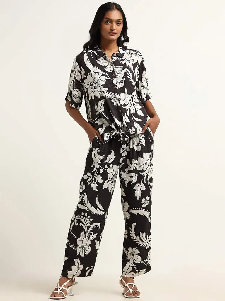 LOV Black Printed Mid Rise Pants