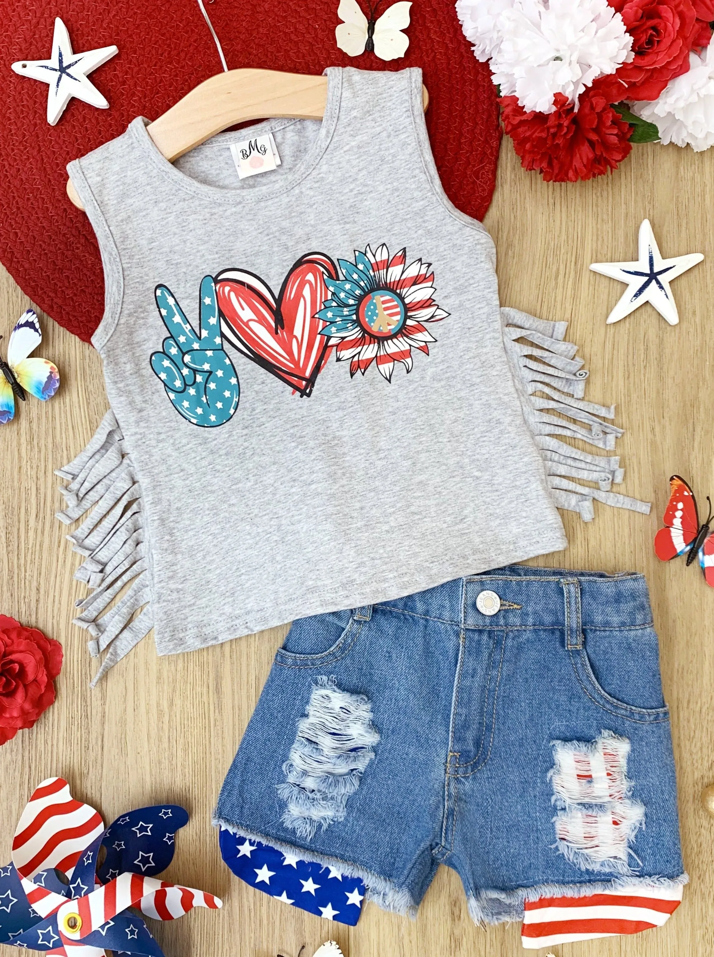 Love, Peace, Independence Denim Shorts Set