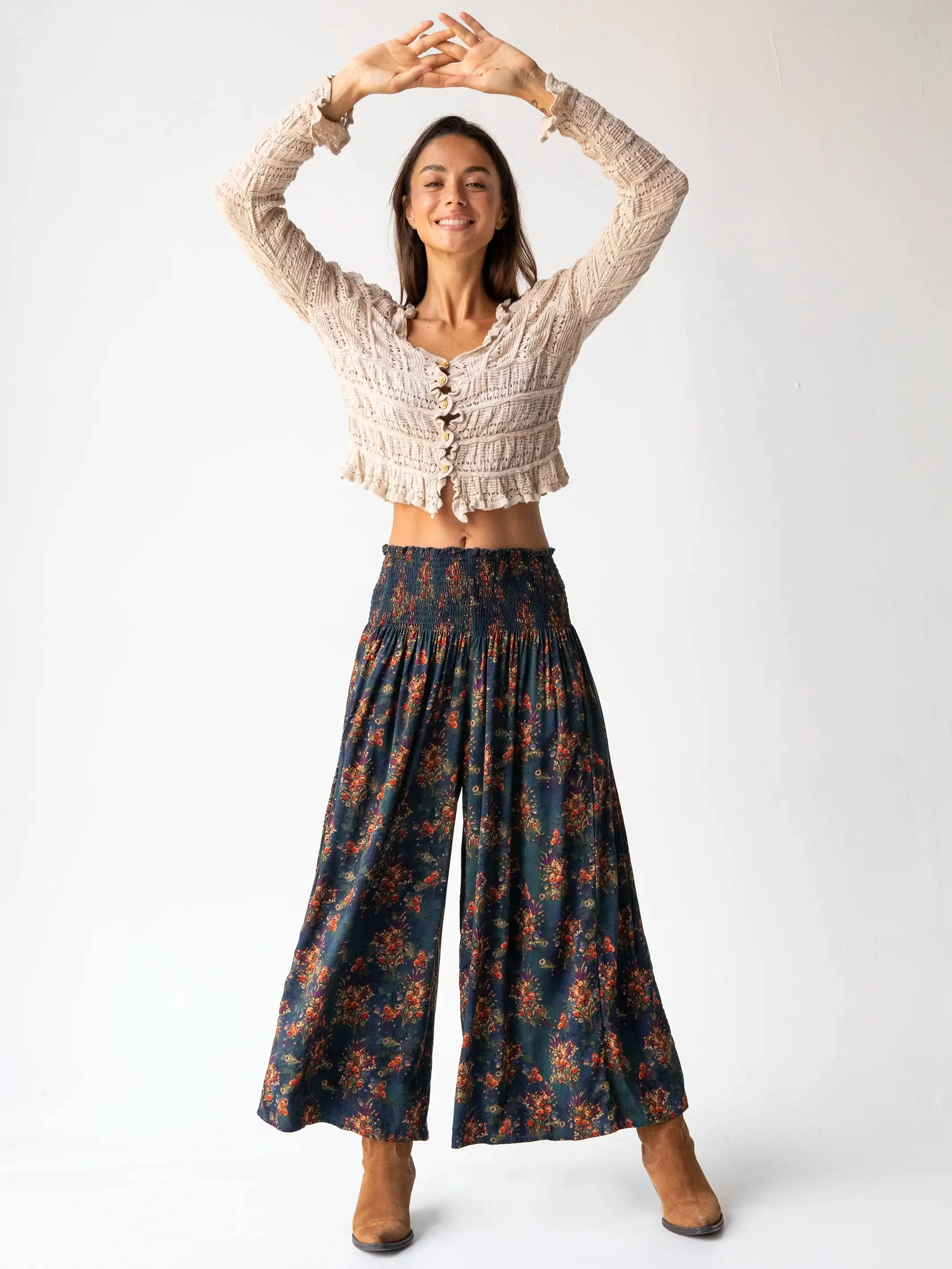 Make A Move Wide-Leg Palazzo Pant - Navy Red Feathers