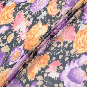 Orange & Purple Floral Printed Black Pure Silk Chiffon