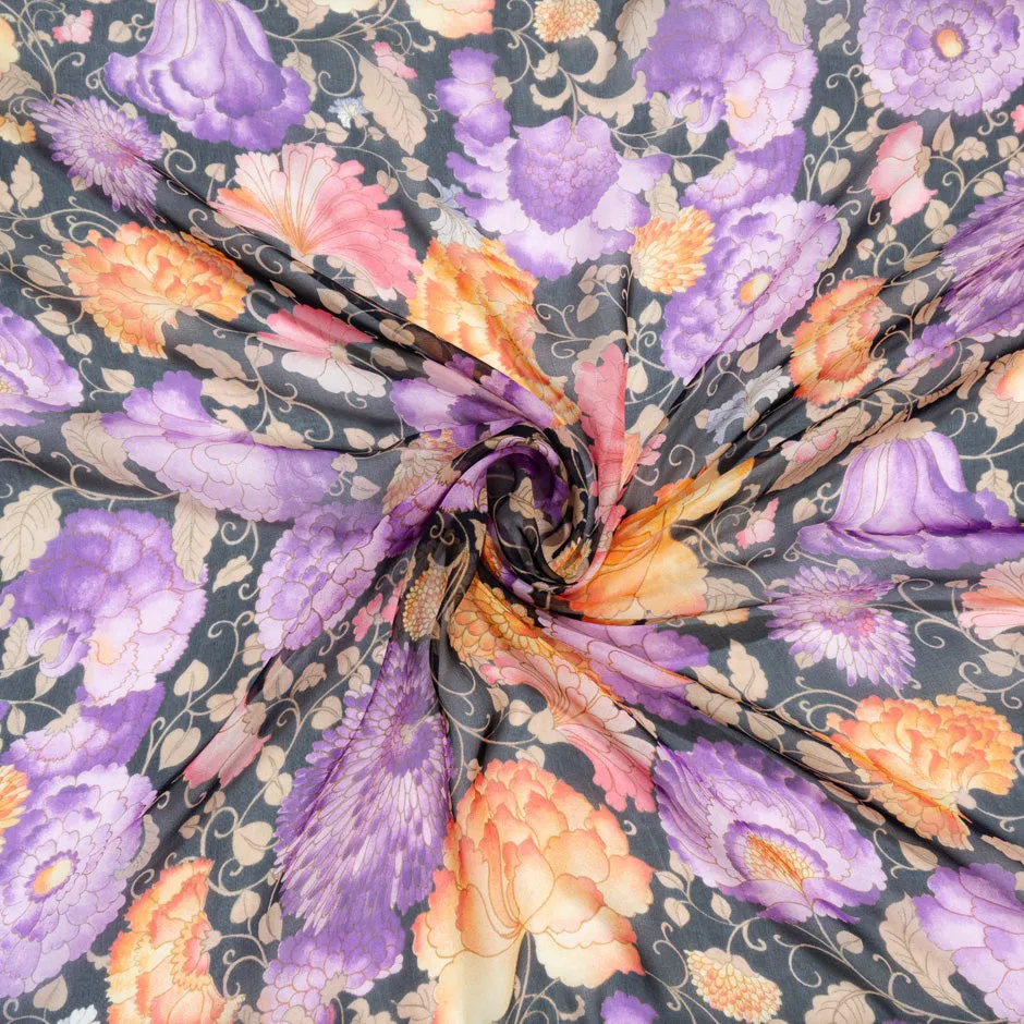 Orange & Purple Floral Printed Black Pure Silk Chiffon