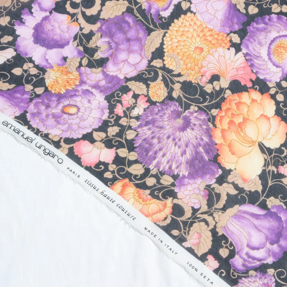 Orange & Purple Floral Printed Black Pure Silk Chiffon