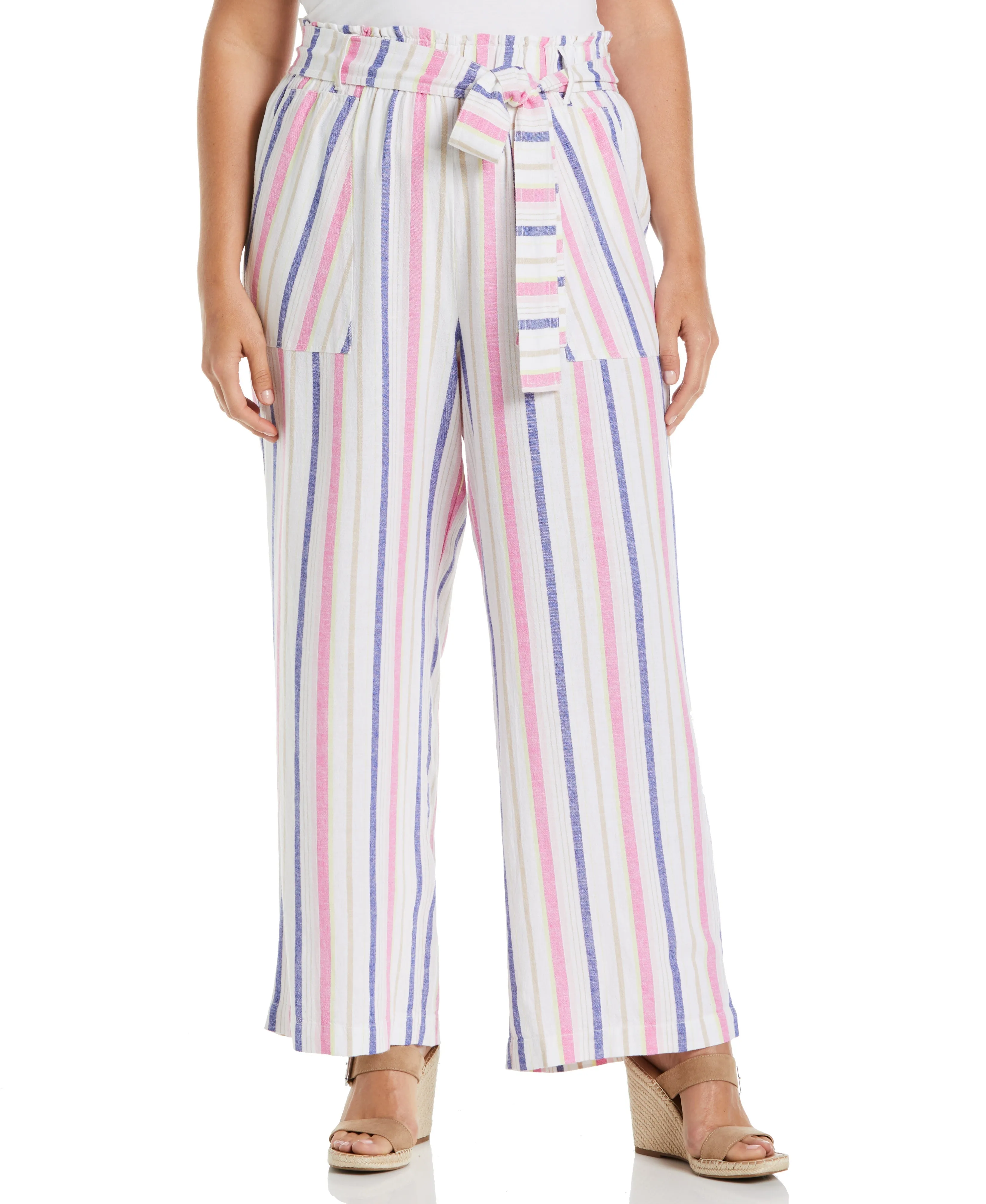 Plus Size Stripe Wide Leg Linen Blend Paper Bag Pant