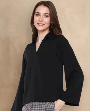 Rareism Women Klamma Black Satin Full Sleeve Jonny Collar Plain Top