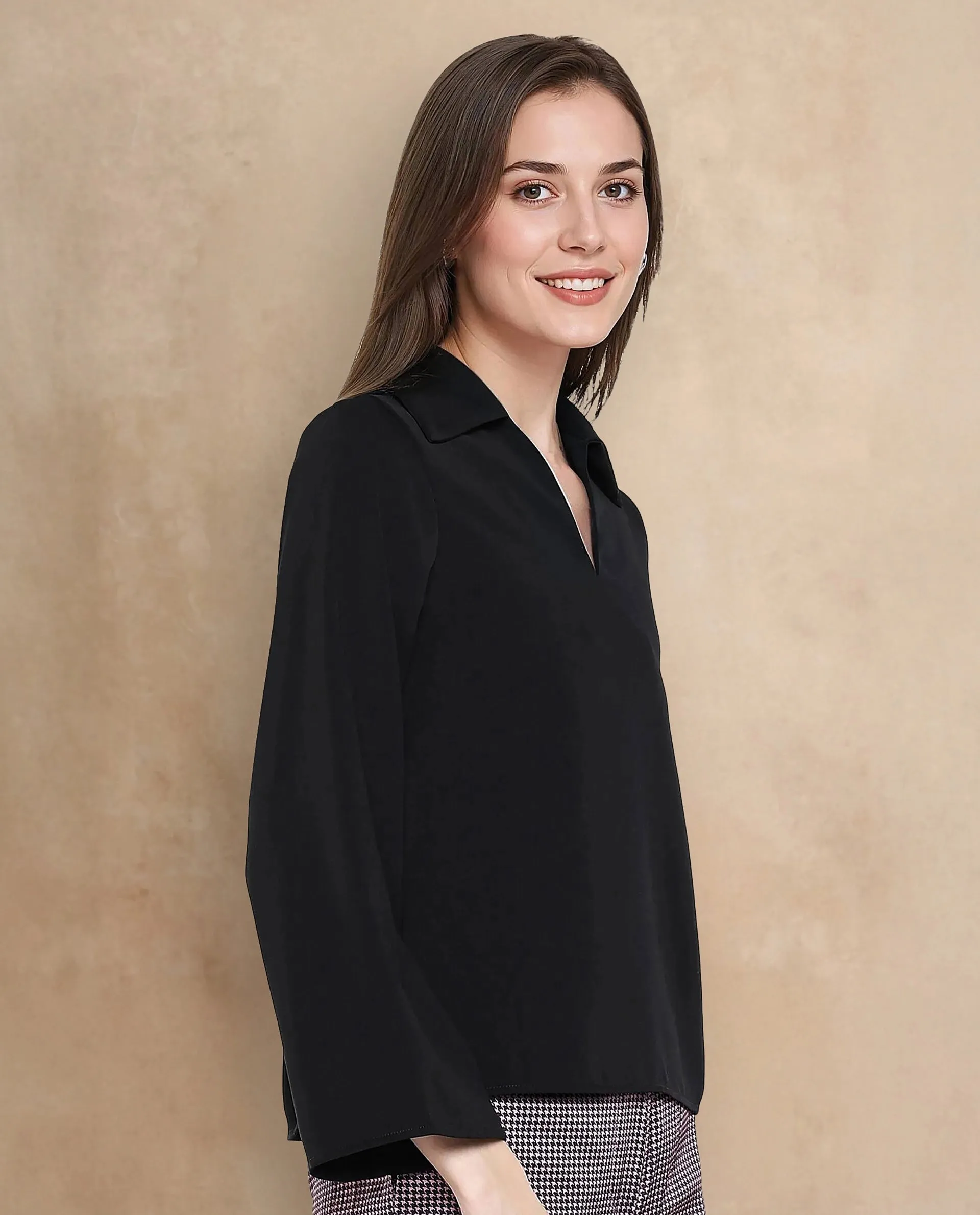 Rareism Women Klamma Black Satin Full Sleeve Jonny Collar Plain Top