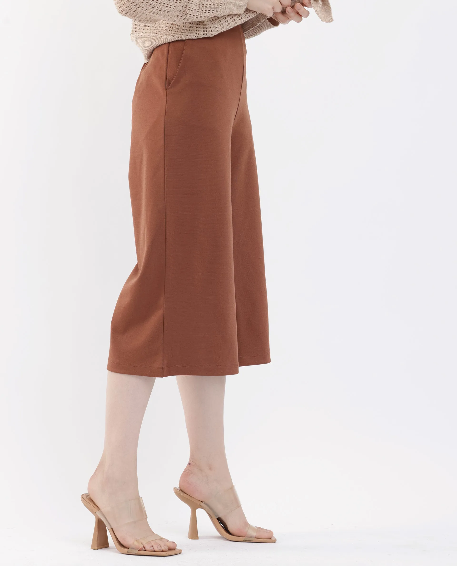 Rareism Women Shoyo Dark Brown Polyester Fabric Zip Closure Flared Fit Plain Midi Culottes