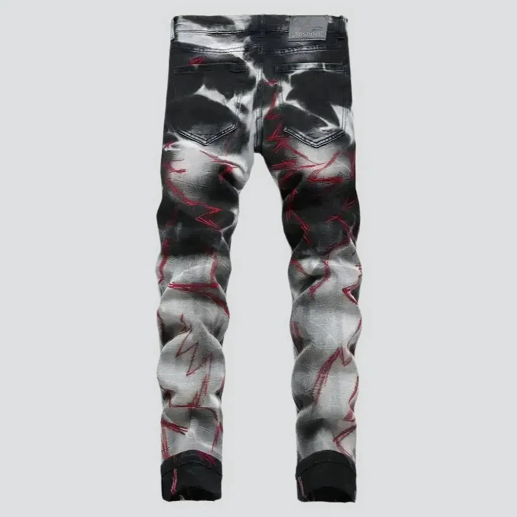 Red-print men's street jeans