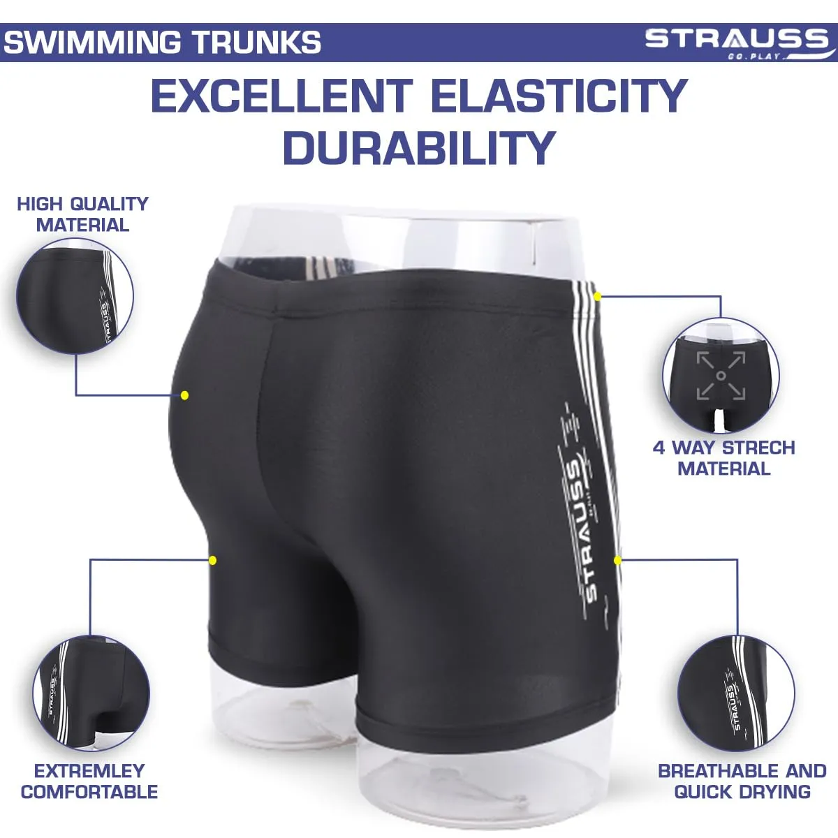 STRAUSS Swimming Shorts | Swimming Trunks for Men & Boys | Easily Adjustable, Breathable & Quick Drying Shorts | Size: S, Black