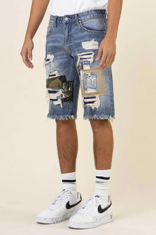 TEEK - Medium Sand Tint Camo & Twill Rip & Repaired Denim Shorts