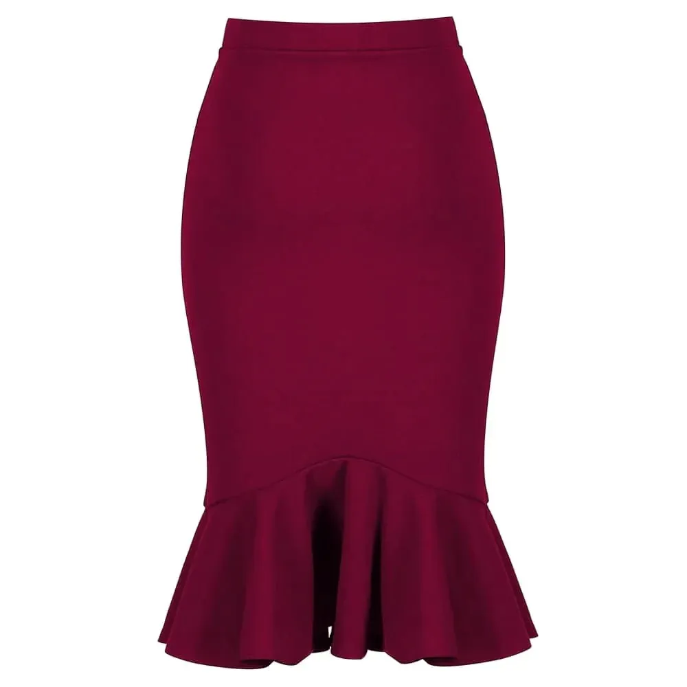 Wine Red Peplum Hem Bodycon Stretch Pencil Skirt