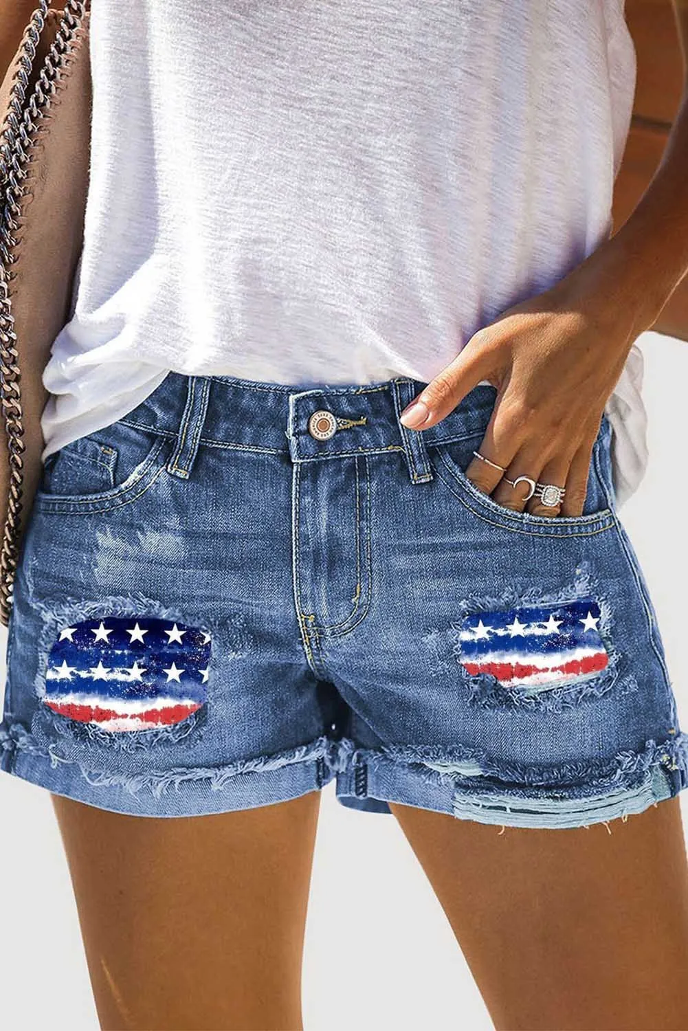 Women Frayed Distressed Denim Jeans American Flag Shorts