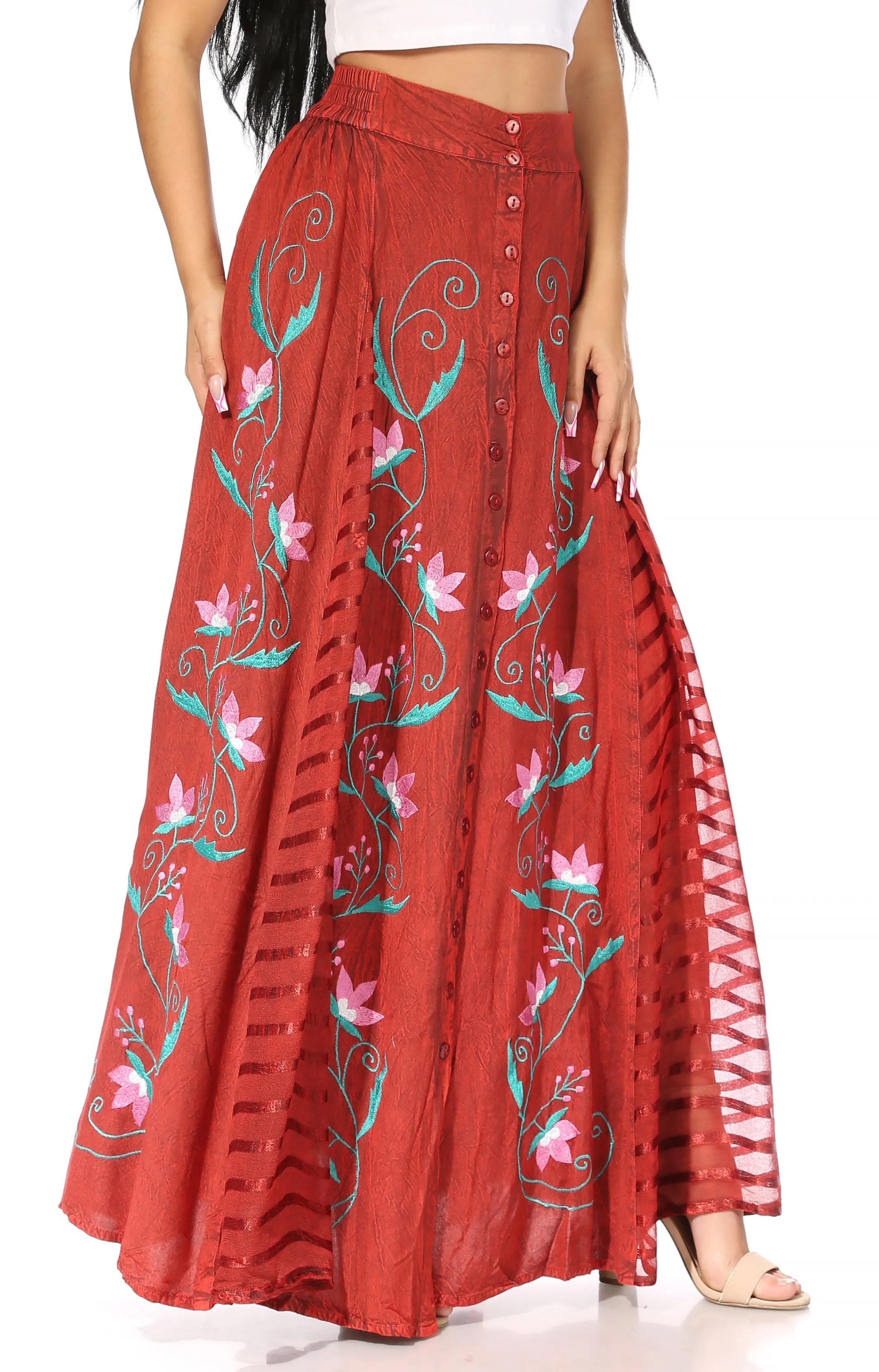 Women's Casual Boho Maxi Floral Long Elastic Waist Skirt with Slim Fit by Sakkas Sarita