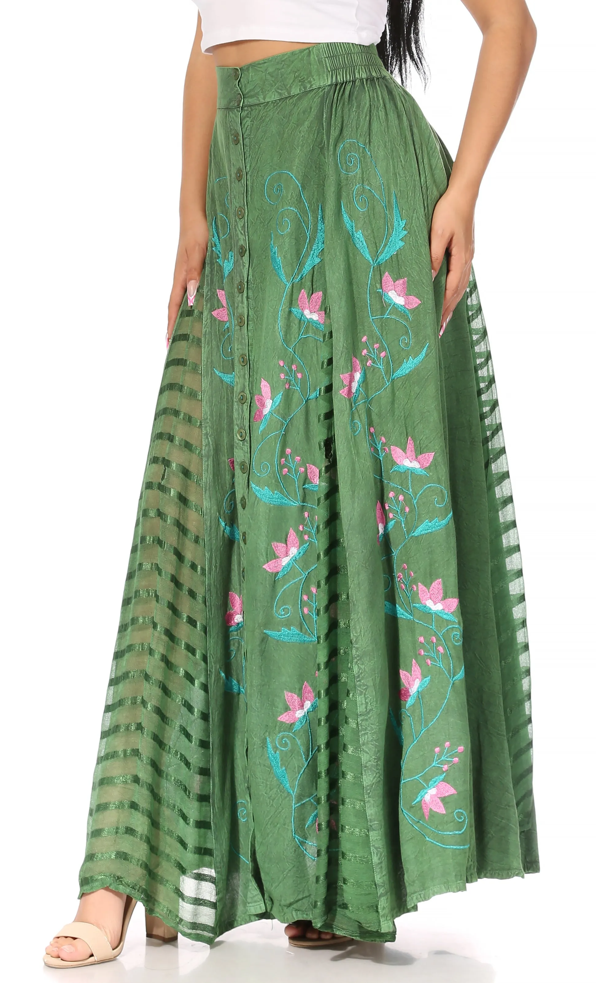 Women's Casual Boho Maxi Floral Long Elastic Waist Skirt with Slim Fit by Sakkas Sarita